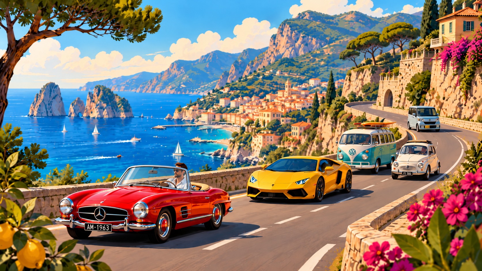 Ilustración de una ruta costera mediterránea con coches clásicos y deportivos